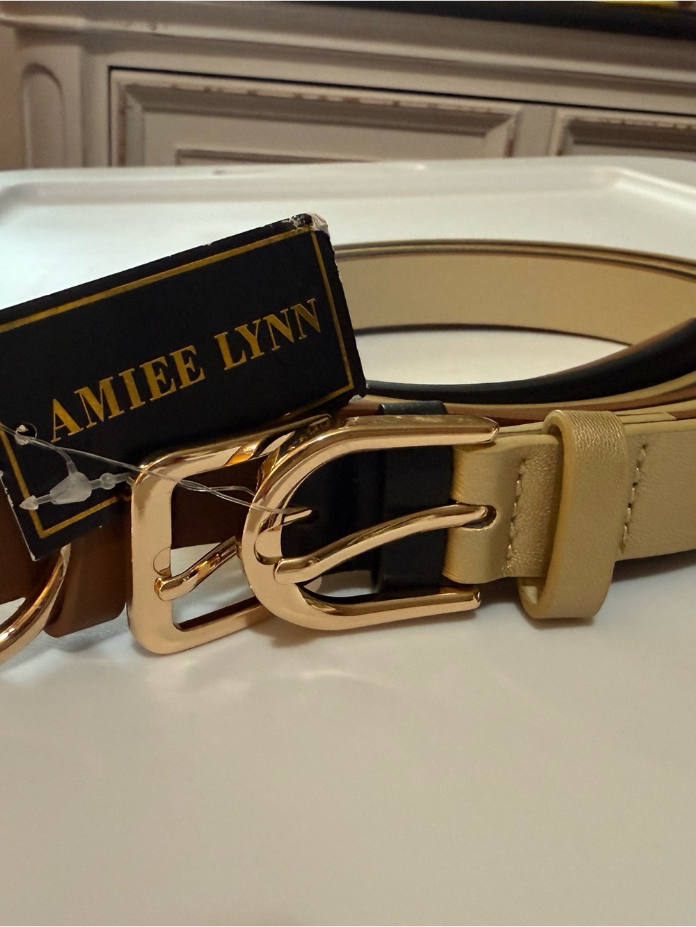 Amiee Lynn Gold Buckle Beige Leather Belt